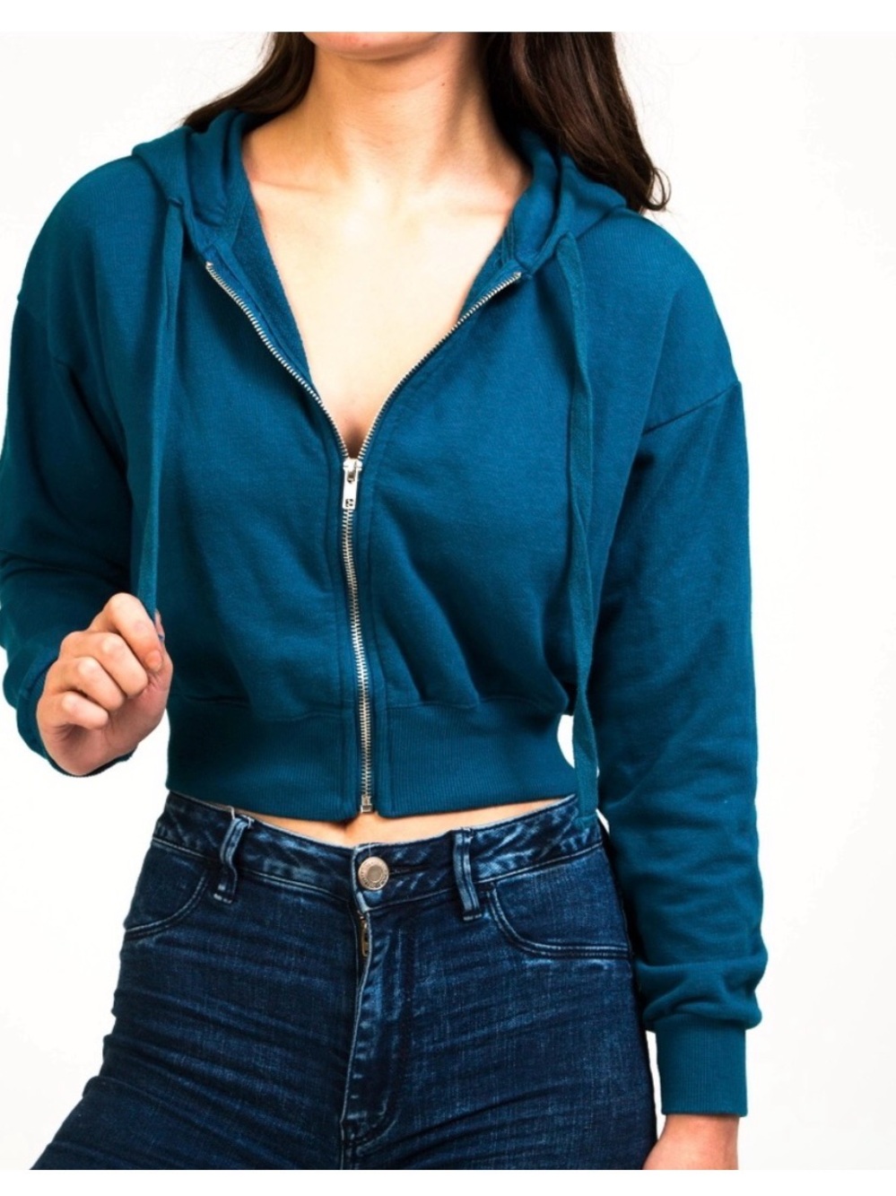 Forever 21 Teal Blue Cropped Zip Up Hoodie Size Medium